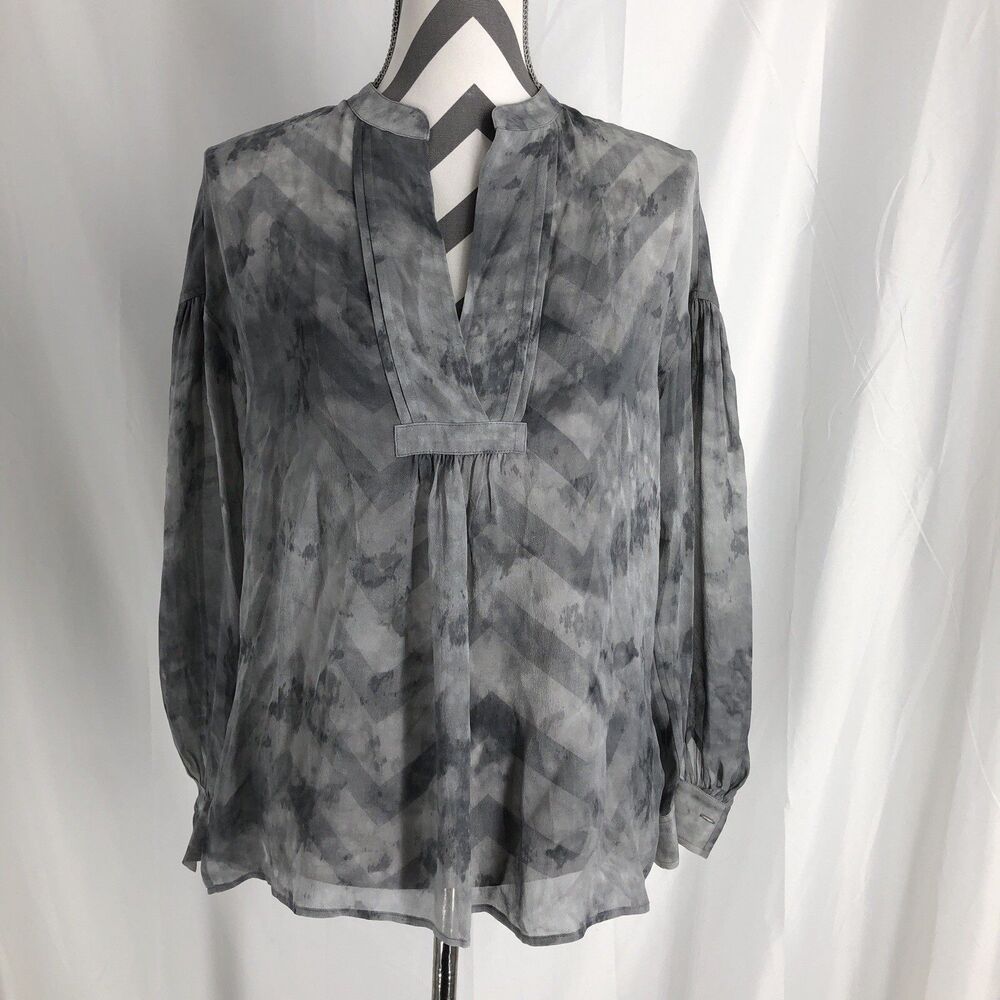 Vince Sz XS Sheer Peasant Top V-Neck Gray Tie Dye Long Sleeve